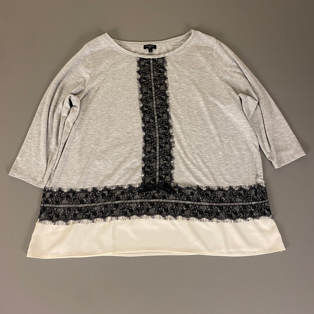 Talbots Lace Trim Tunic Top Women's 1X Gray 3/4 Sleeve Blouse‎ Elegant Casual